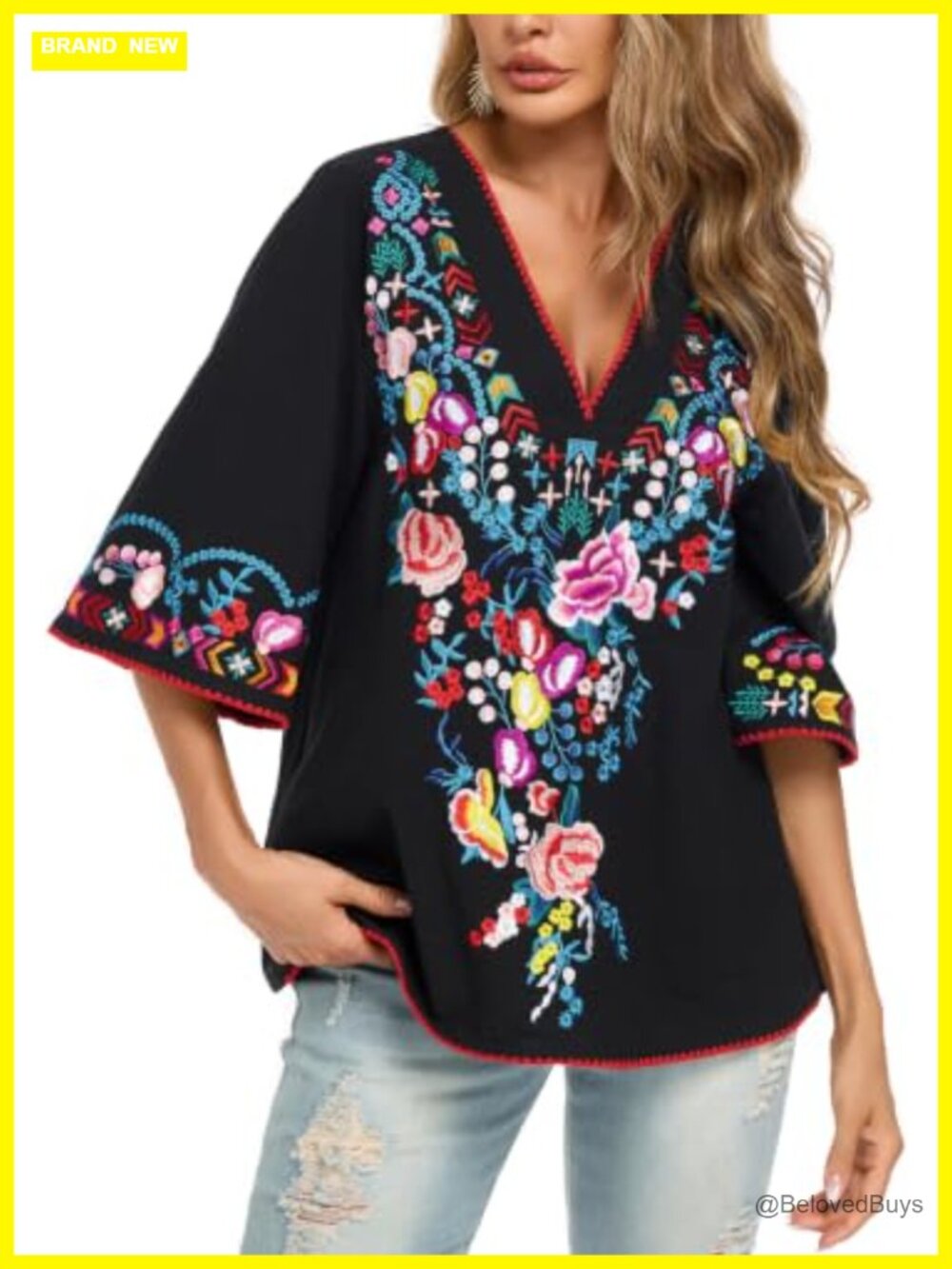 Womens Boho Embroidered Peasant Blouse 3/4 Sleeve V-Neck Tunic Top